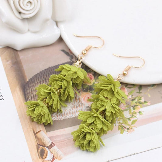 Unique long earrings with tassels in chiffon like flowers
