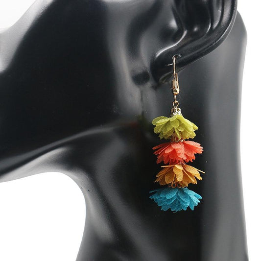 Unique long earrings with tassels in chiffon like flowers