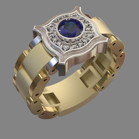 Unique handmade gold plated ring for men with large blue red stone