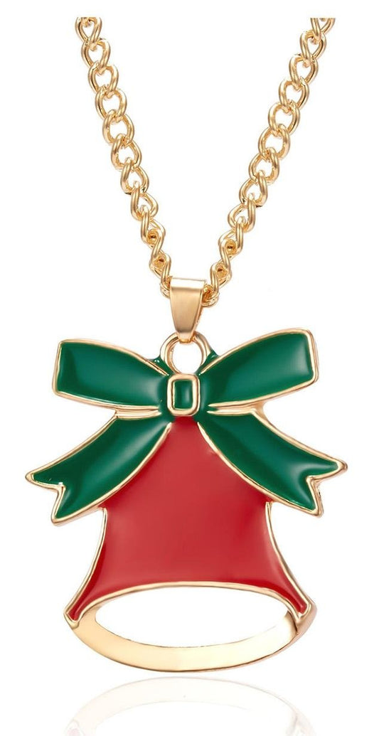 Beautiful fun necklace with Christmas red bell green bow
