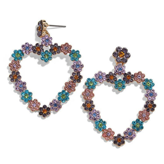 Beautiful large earrings with rhinestone heart flowers