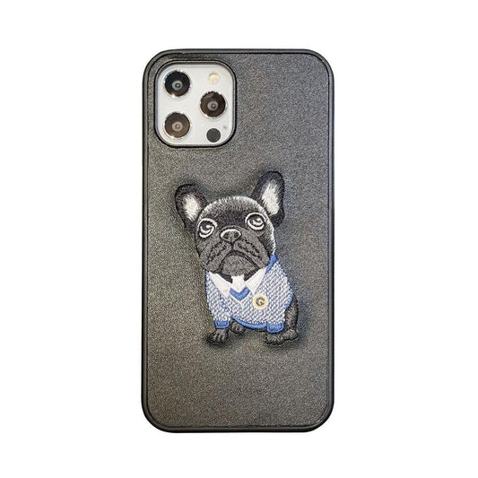 iPhone 12 & 12 Pro Case with embroidered pug dog in artificial leather