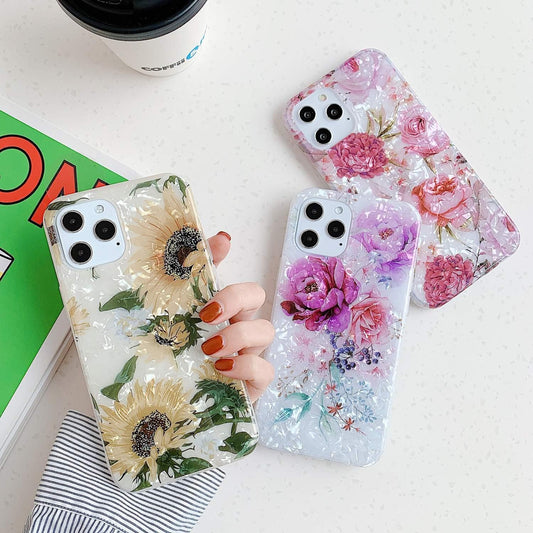iPhone 12 & 12 Pro case artificial mother of pearl sunflower flowers