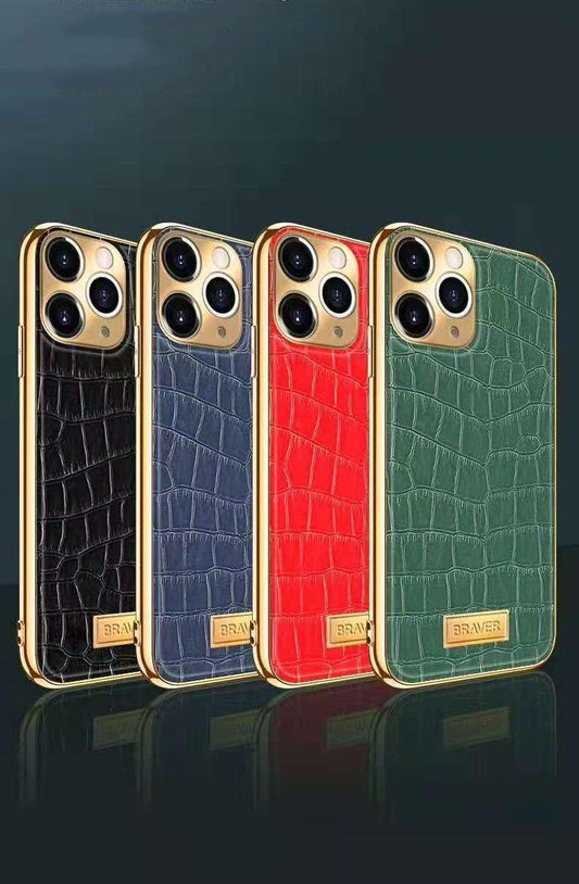iPhone 12 Pro Max Cover Genuine Leather Crocodile Pattern Gold Plated High Luxury