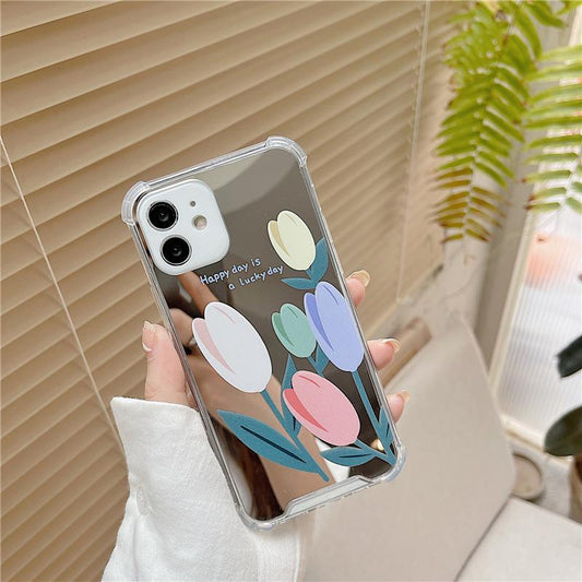 iPhone 13, Pro & Max mirror glass with beautiful flowers tulips