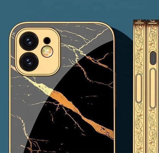 iPhone 13 luxury glass case gold marble pattern black white