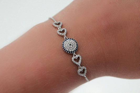 Äkta sterling silver armband med hjärta zirconia stenar nazar