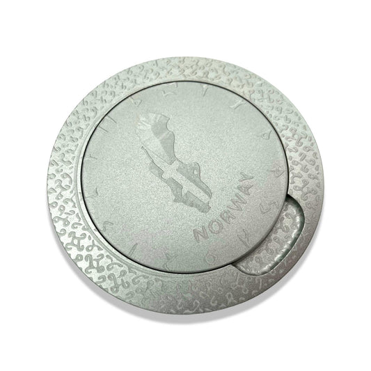 Silver aluminum snuff box with Norwegian map and ancient script