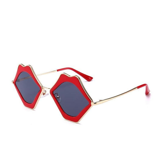 Sunglasses with red lips mouth black - gold colored metal frame