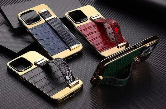 iPhone 13 Pro Max case vegan leather with strap for good grip gold