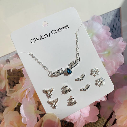 Silver-plated set of 4 earrings matching necklace reindeer horn