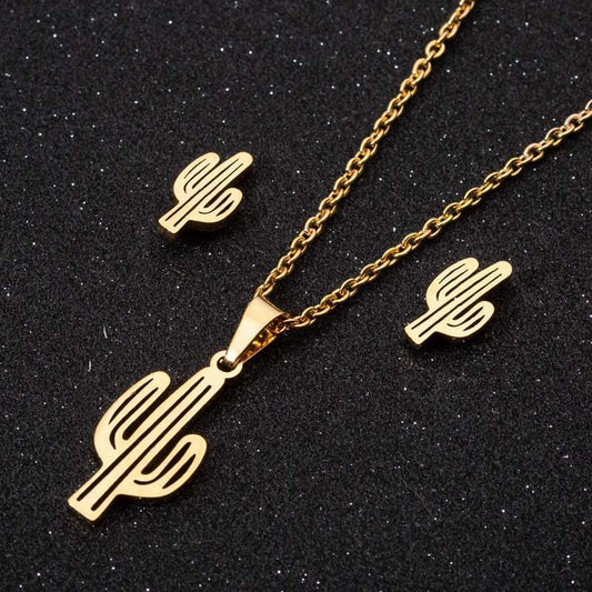 Trendy set bracelet necklace cactus 14k gold plated gold silver