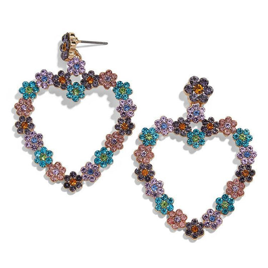 Beautiful large earrings with rhinestone heart flowers