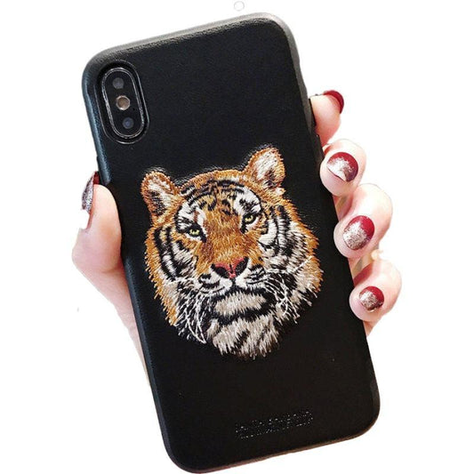 iPhone 13, Pro & Max black embroidered shell with tiger vegan leather