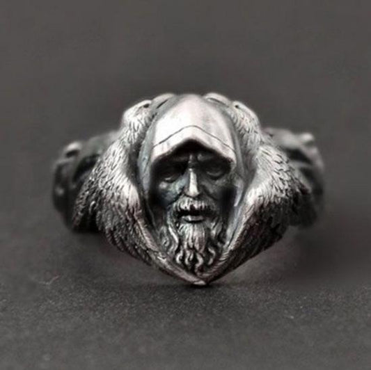 Cool ring with man and wolves in silver for men vintage