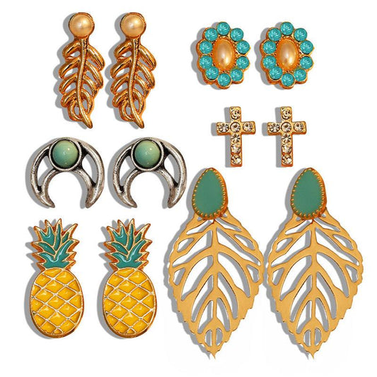 Earrings set of 6 gold-plated pineapple leaves cross gold