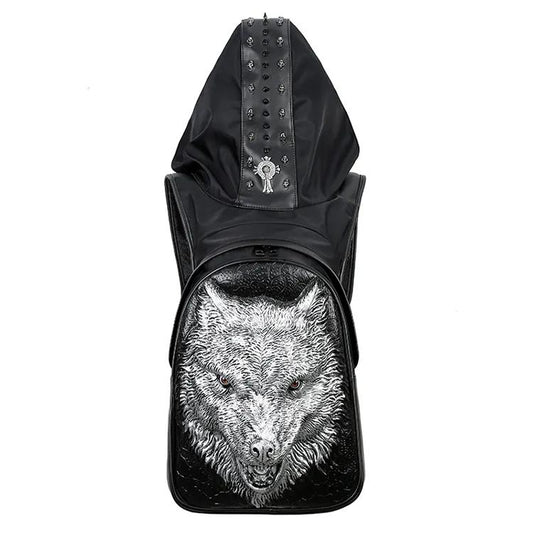 Backpack wolf black vegan leather 3D gothic hood silver unique emo