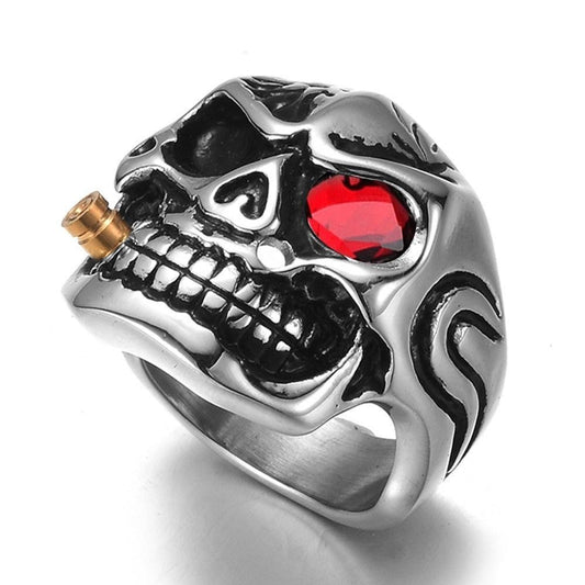 Large ring with skull skeleton red stone rock punk