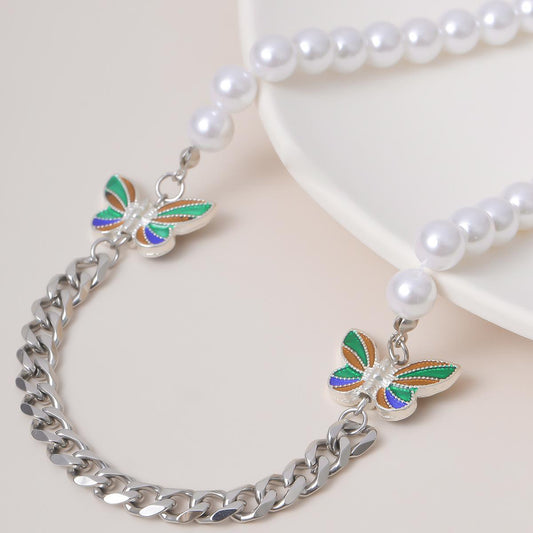 Unique necklace with colorful butterflies, pearls and chain