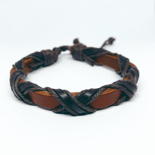 Brown/orange bracelet in genuine leather with dark bands