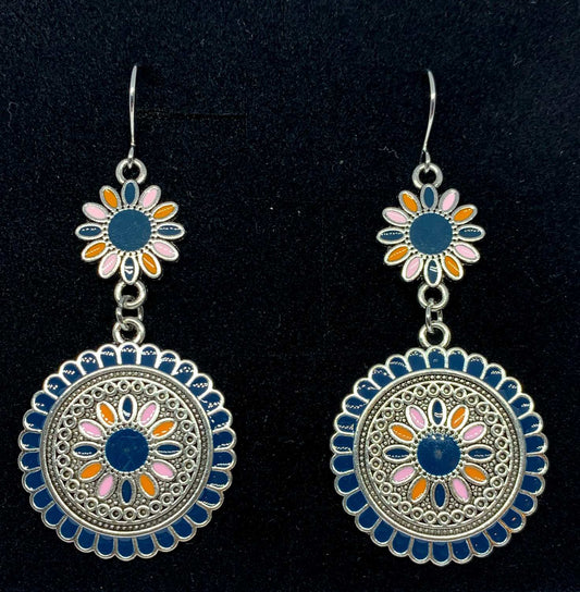 Earring with blue stones silver plated antique vintage flower