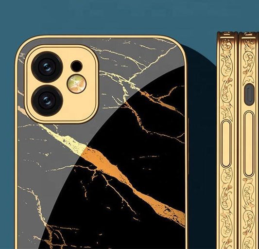 iPhone 12 Pro Max luxury glass case gold marble pattern black white