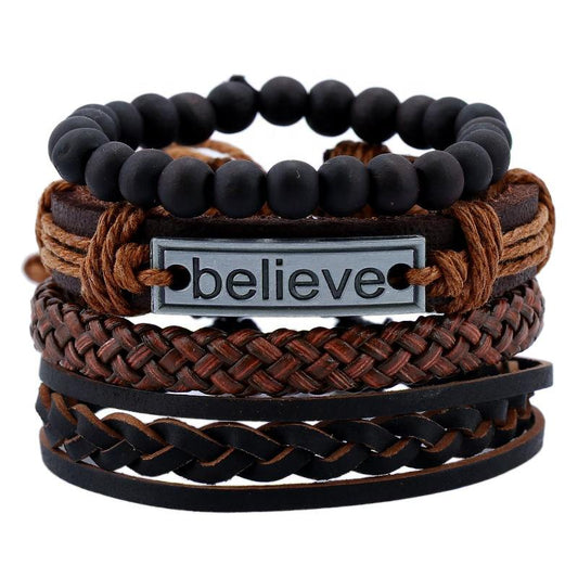 Set of 4 leather bracelets with text ''Believe'' pearls