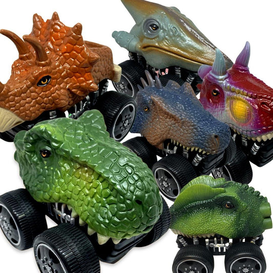 Toy car with different dinosaurs t-rex triceratops carnotaurus