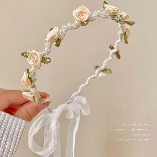 Midsummer wreath with pearls and flowers diadem silk ribbon