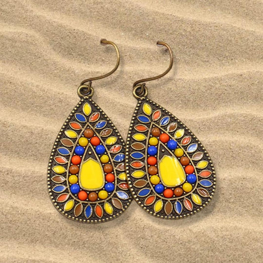 Handmade earrings in ethnic antique style drop shaped yellow stones