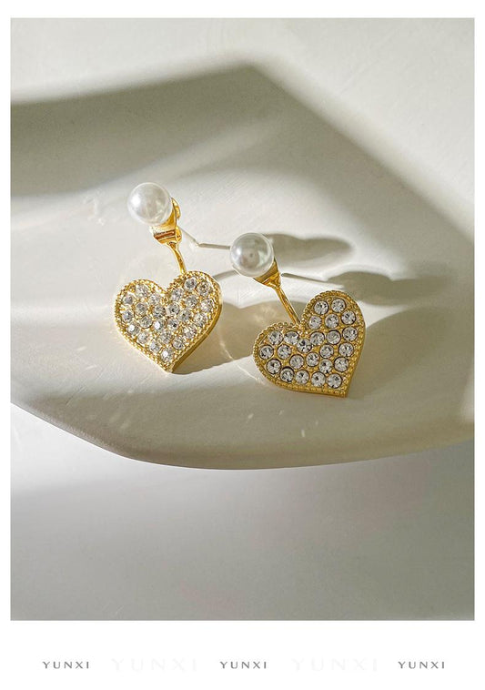 Earrings with heart & rhinestones and small pearl everyday & party