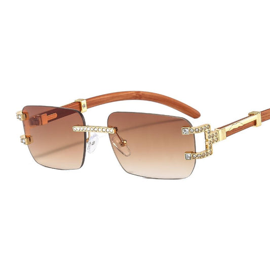 Exclusive sunglasses with diamonds, rhinestone decoration, wood, 90s