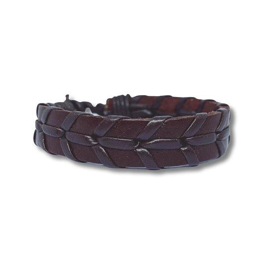 Handmade braided bracelet for men genuine leather in style brown red