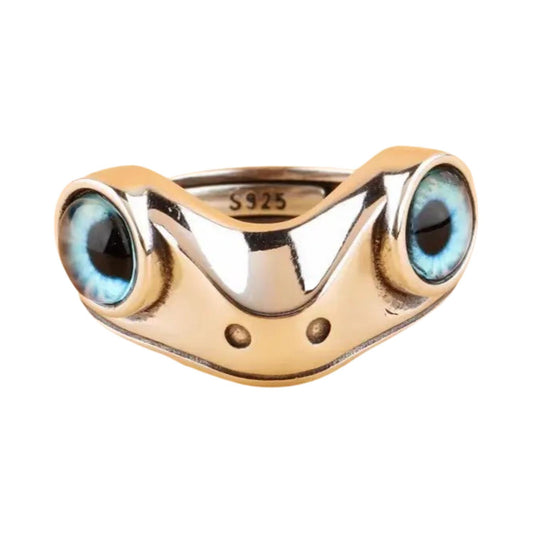 Adjustable Ring Frog with blue eye - Playful jewelry in brass and zinc