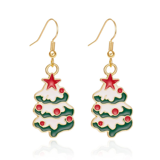 Stylish earrings Christmas tree with snow red balls and stars