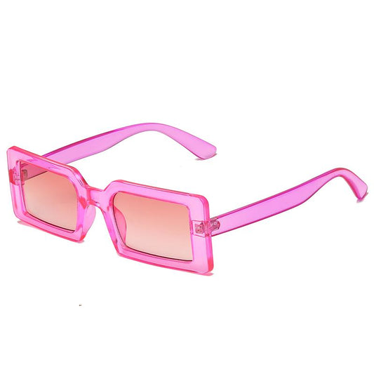 Trendy sunglasses with rectangular frames and pink lenses