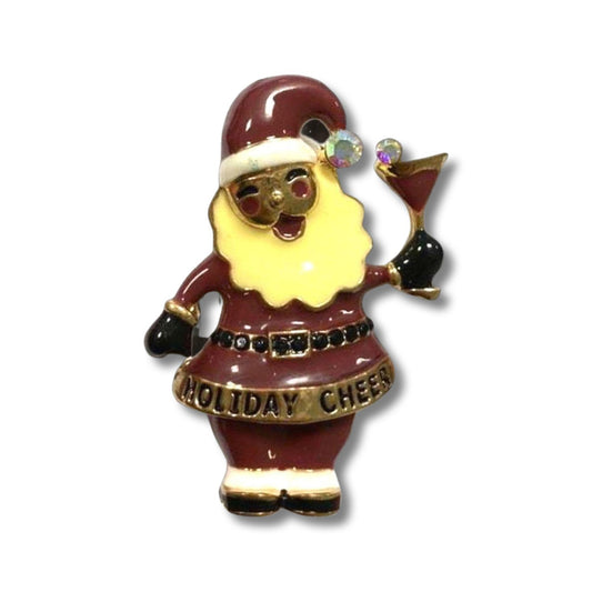 Brooch Santa with drink and text ''Holiday Cheer''