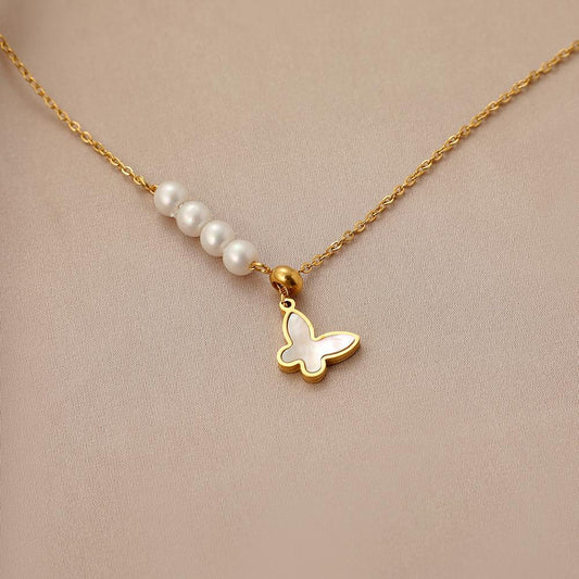 Gold-plated mother-of-pearl butterfly necklace with gold pearls
