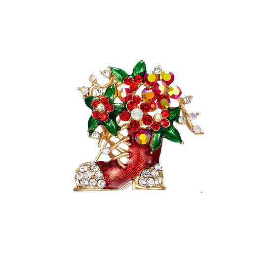 Brooch with Santa shoe that is filled with a beautiful bouquet