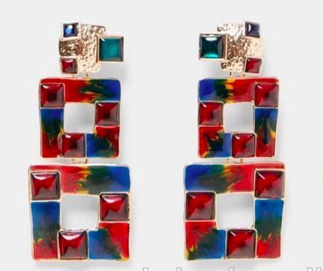 Exotic earrings with multicolored squares