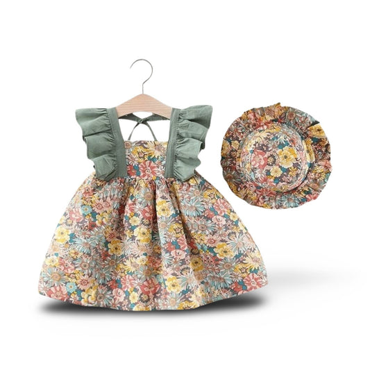 Dress with floral pattern and green frill set with hat