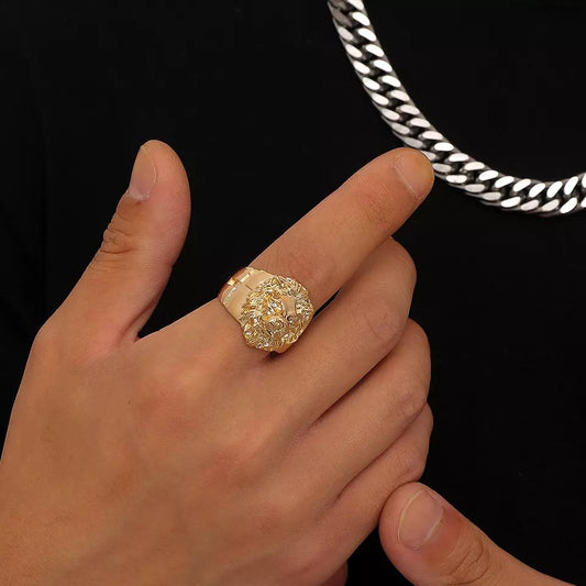 Lion head adjustable ring for men in gold and silver