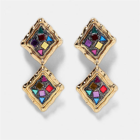 Earring with 2 squares of multicolored stones