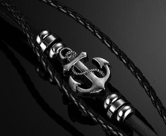 Bracelet for men braided leather anchor handmade silver