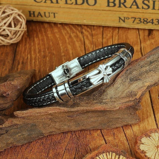 Bracelet in vegan leather &amp; retro cross with stainless steel details