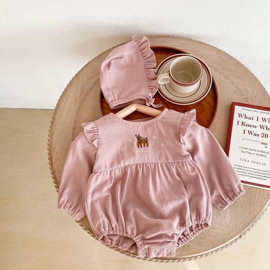 Body with frills &amp; embroidered deer set with hat 7-12 months