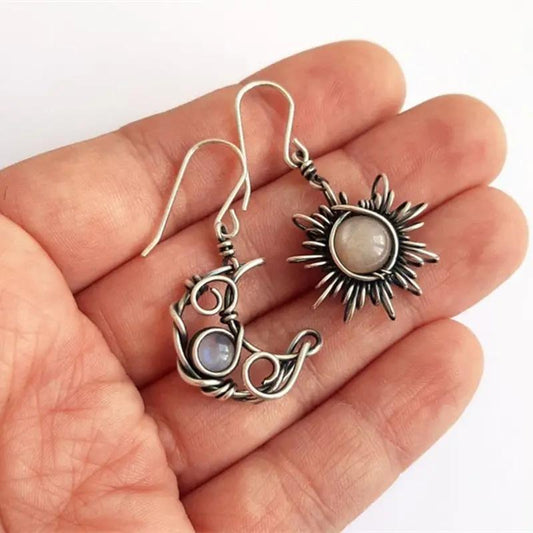 Bohemian earrings with asymmetric pendants moon sun