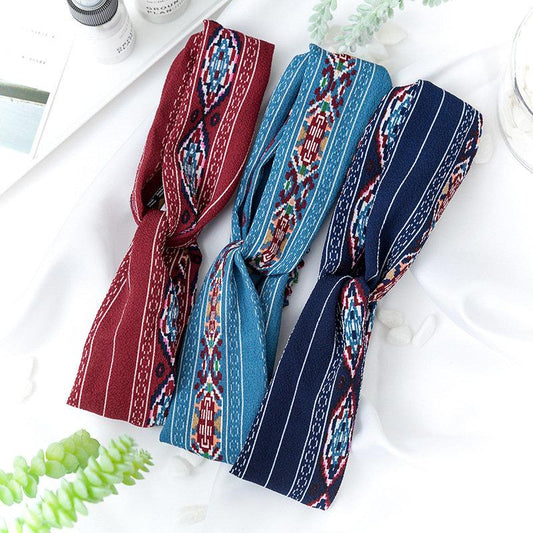 Bohemian elastic headband with white and red lines