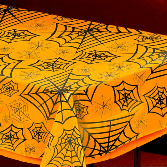 Table cloth for Halloween orange with spider web plastic