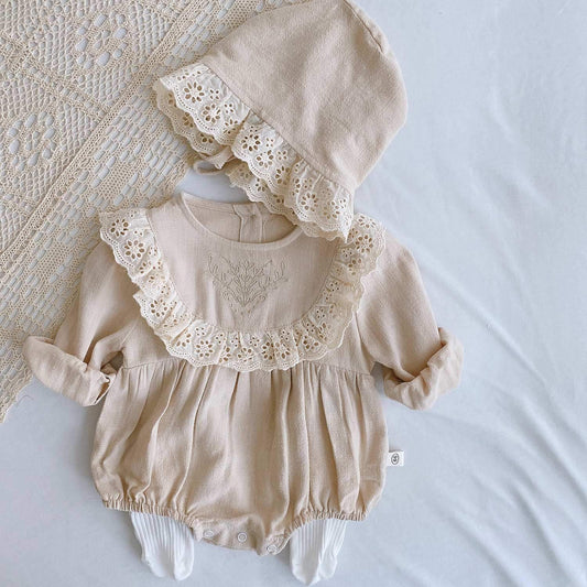 Embroidered bodysuit with lace long sleeves includes hat
